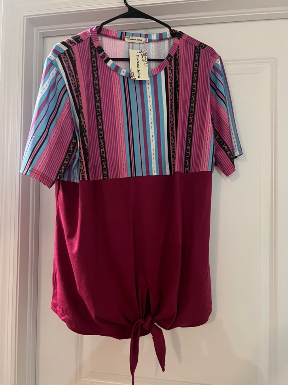 Women's Magenta Tie-Hem Top with Striped Yoke